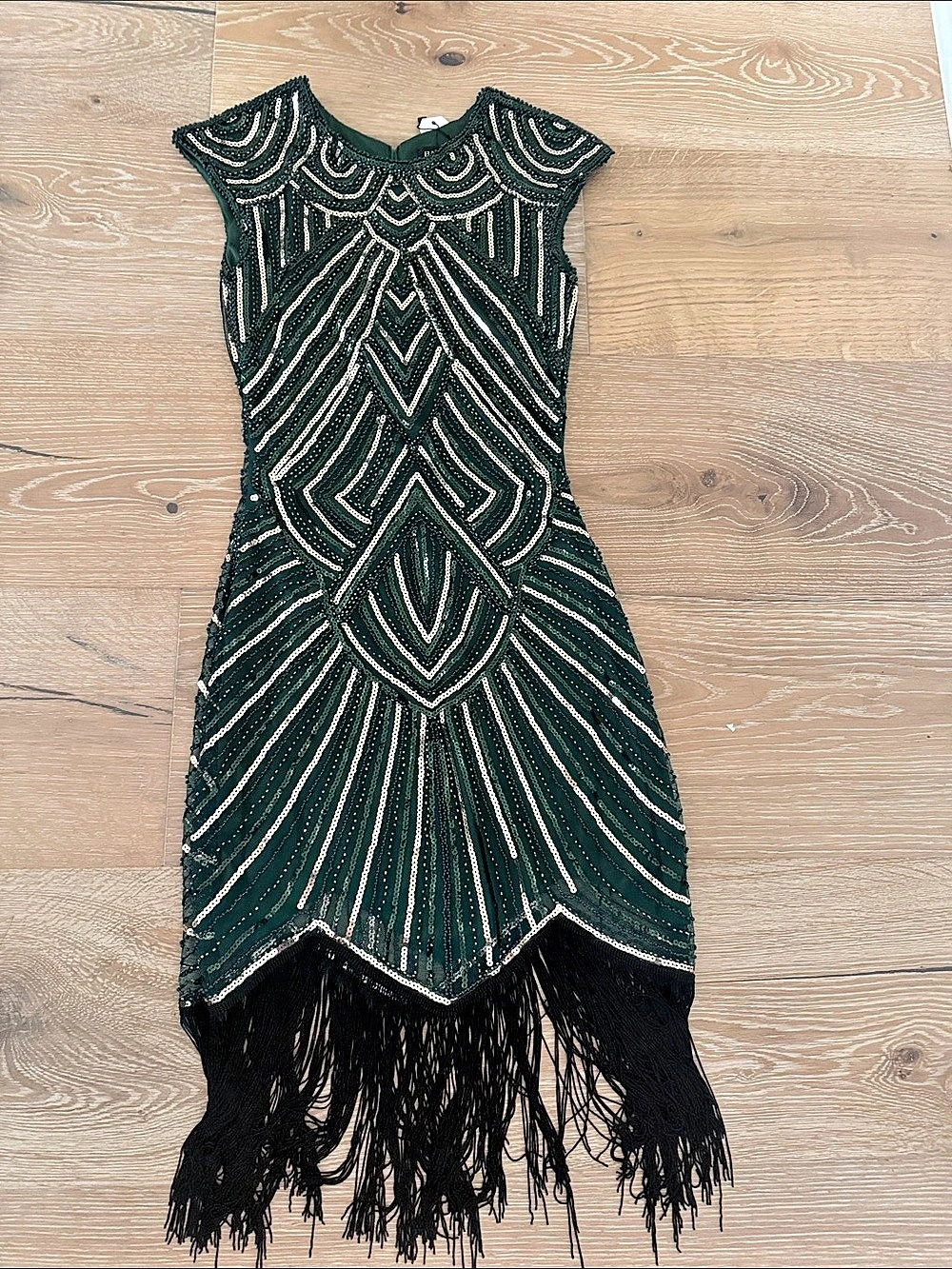 BABEYOND Art Deco Sequin Fringe Flapper Dress NWT XS Green Gold